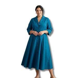 J. Peterman Teal Blue 100% Cotton Button Front Midi 3/4 Sleeve Shirt Dress 16